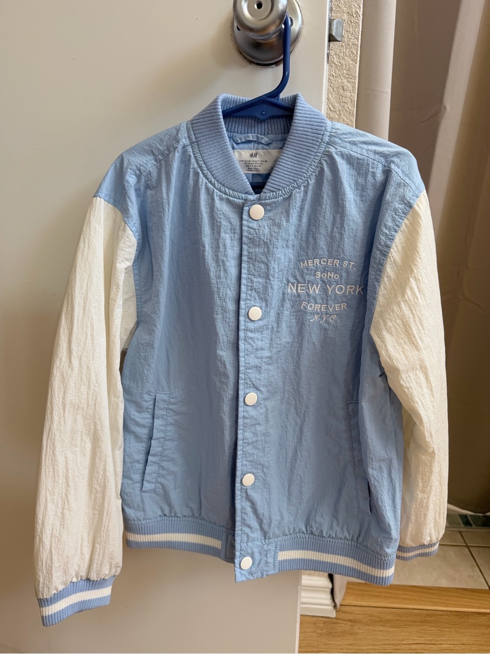 H&M Boy’s ' Light Blue & White Bomber Jacket - New York Graphic